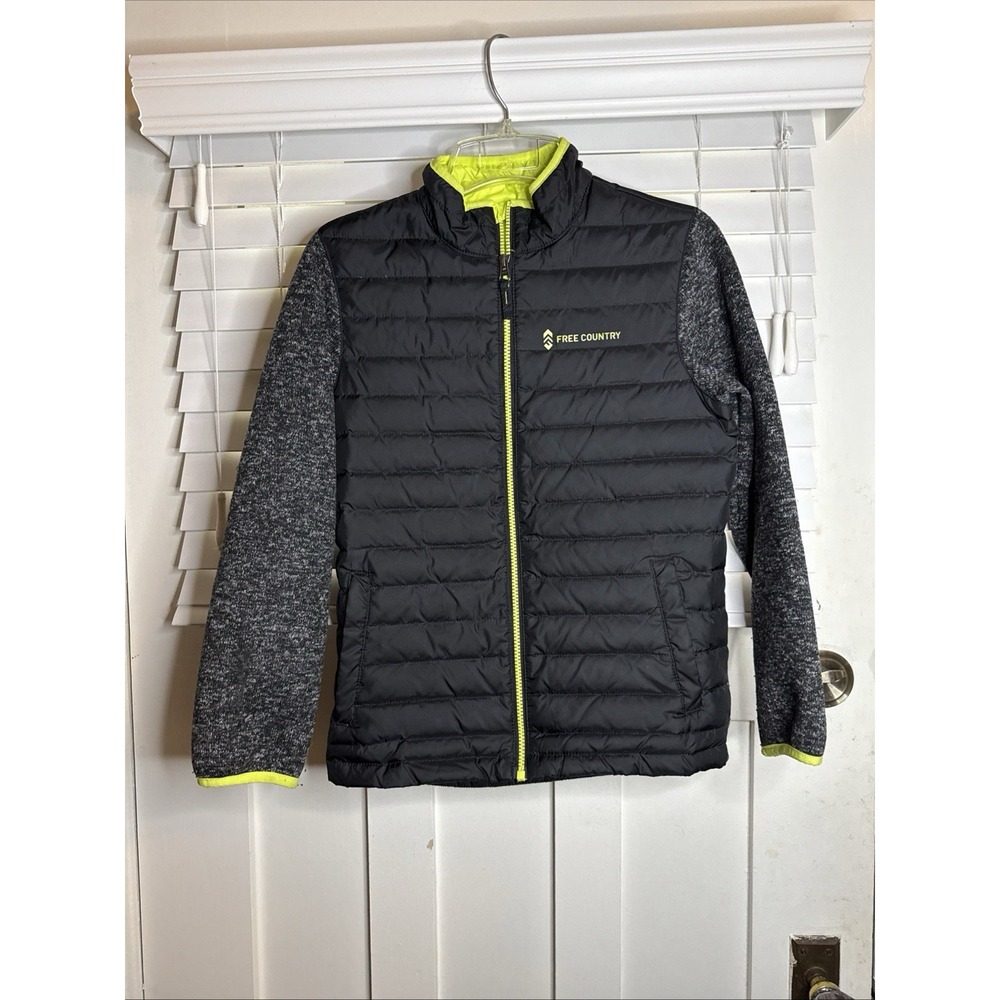 Free Country Youth M 10-12 Black Green Down Quilted Puffer Long Sleeve Jacket